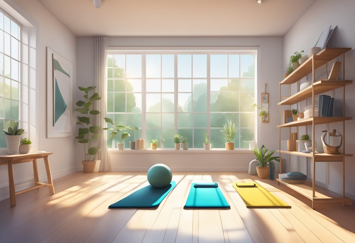 A bright, open space with a yoga mat and exercise equipment. A motivational poster on the wall. Sunlight streaming in through the windows