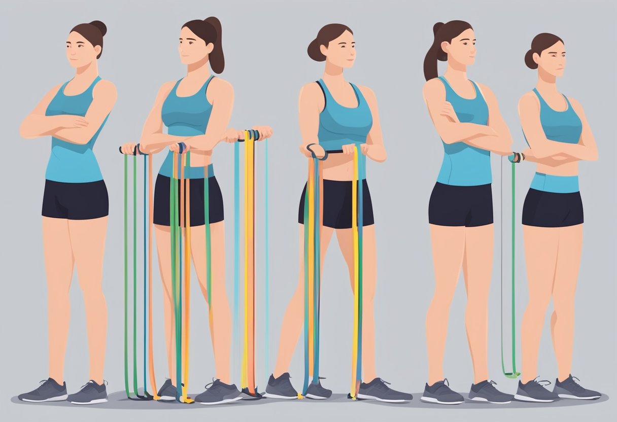 A resistance band is looped around a sturdy object. A person stands with feet shoulder-width apart, holding the band in each hand, and performs various exercises