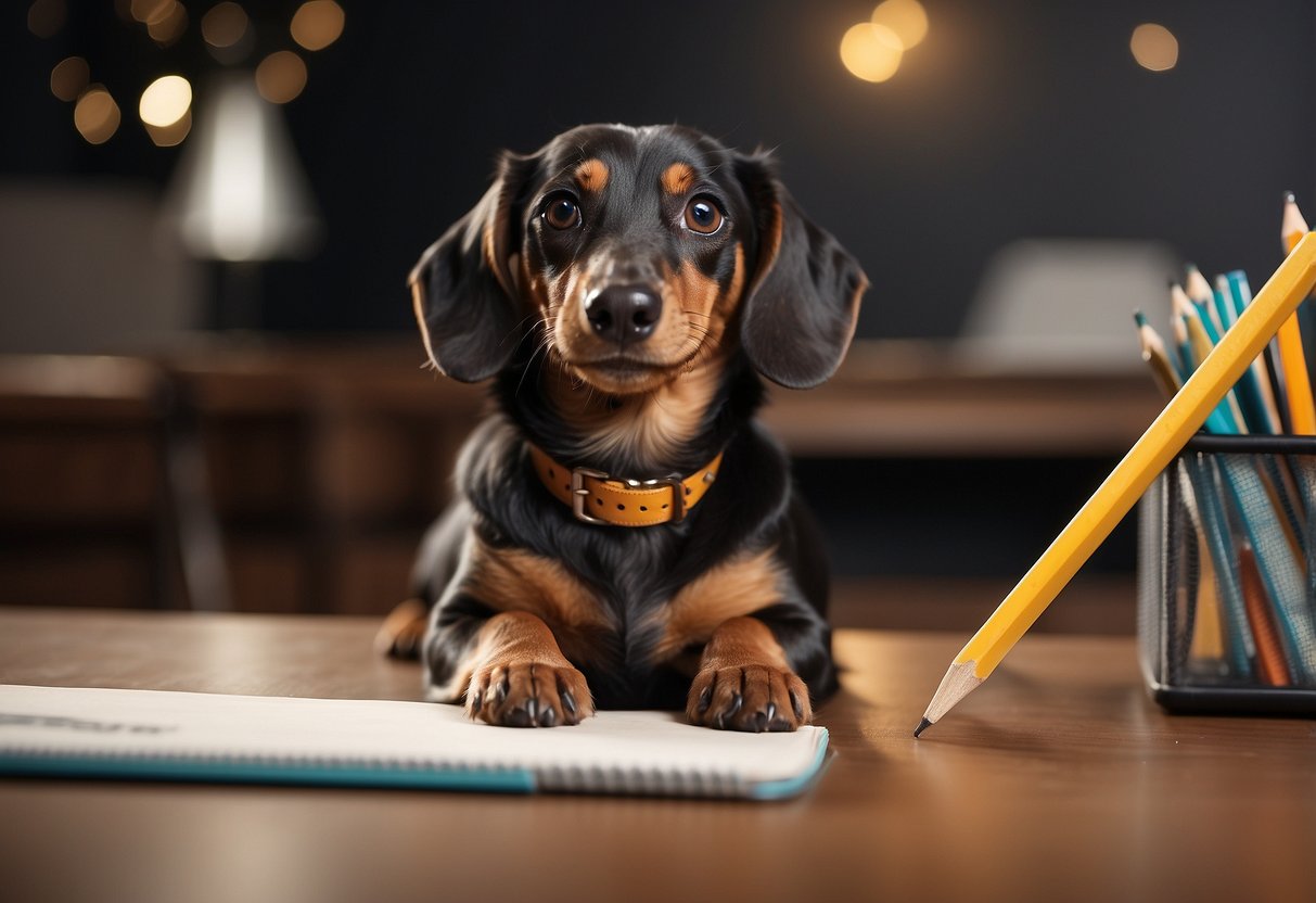 A dachshund sits with a pencil in its mouth, focused on a sketchpad. Its tail wags as it creates a portrait of a fluffy cat
