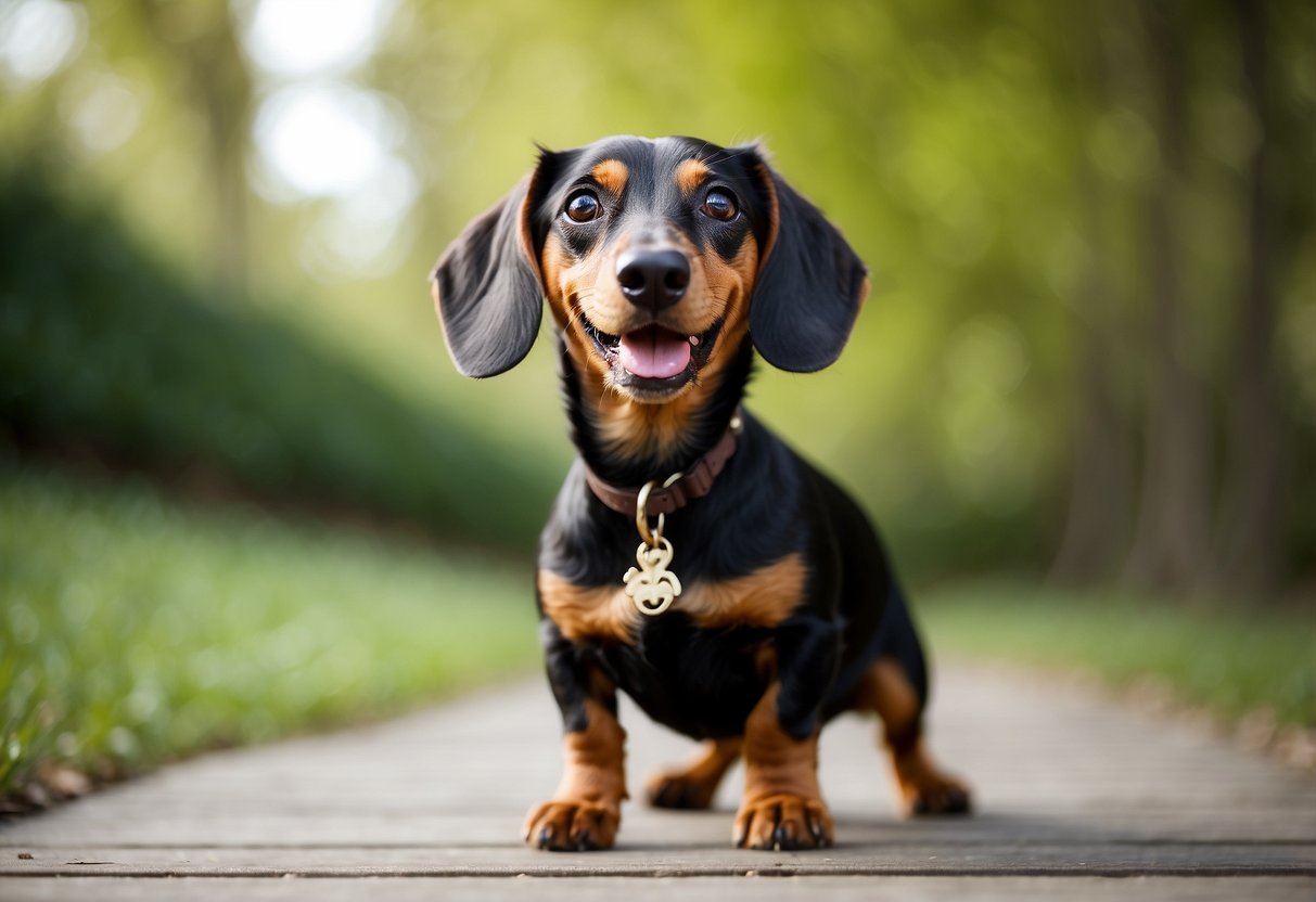 Buttercup, the Dachshund, stands proudly with a wagging tail, ears perked up, and a playful expression on her face. Her long body and short legs give her a unique and adorable appearance