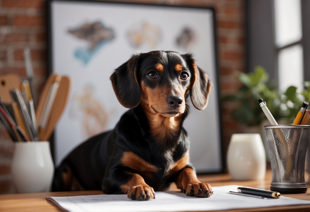 A table with drawing materials, a dachshund sitting next to it, and a pet portrait on the wall for reference