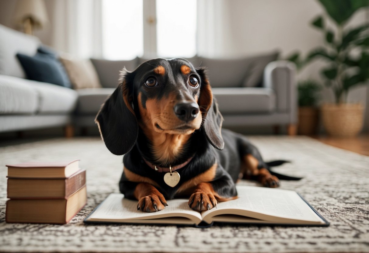 A dachshund sits on a cozy rug, looking up at its owner with adoring eyes. The owner holds a sketchbook and pencil, capturing the moment