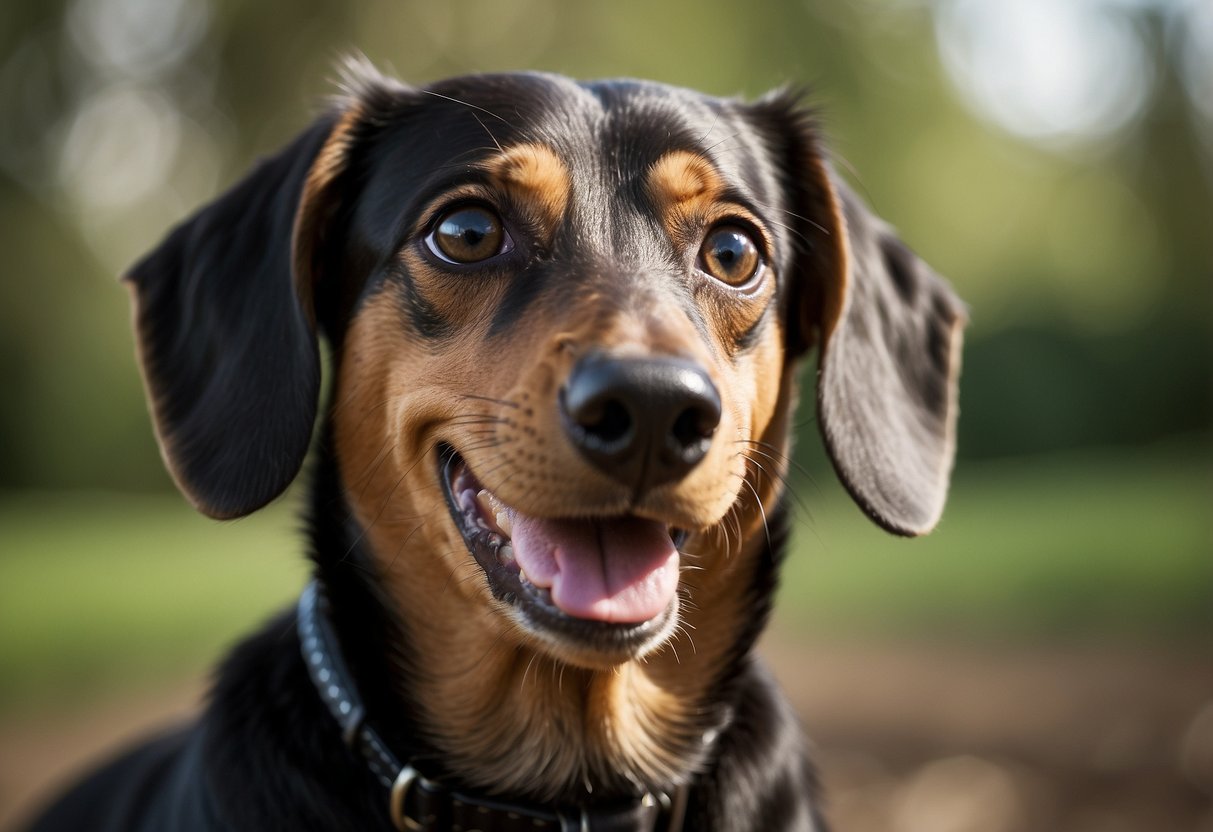 A dachshund with perky ears and a wagging tail, gazing up with big, soulful eyes. The mouth is slightly open in a playful expression