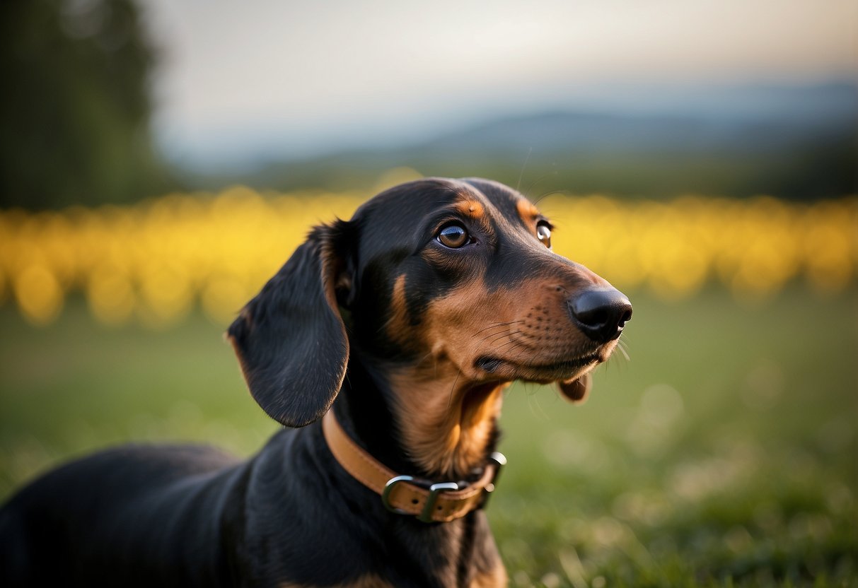 Buttercup the dachshund sits tall with head held high, ears perked up, and tail wagging. The fur on her back stands on end as she gazes attentively at something in the distance