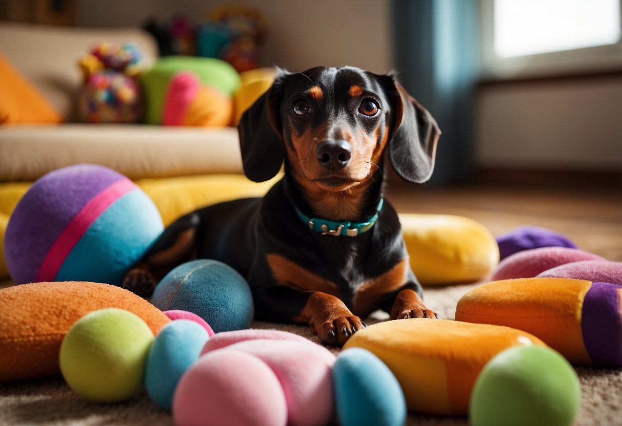 A dachshund lounges in a cozy bed, surrounded by colorful toys and treats. Sunlight streams through the window, casting warm shadows on the floor