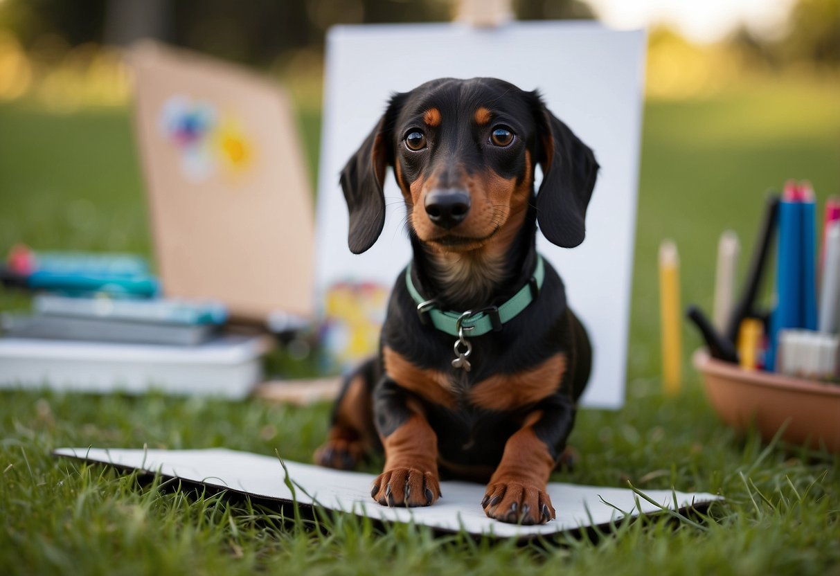 A dachshund sits on a grassy field, looking up at a blank canvas. Art supplies are scattered around, with a colorful drawing of the dachshund taking shape