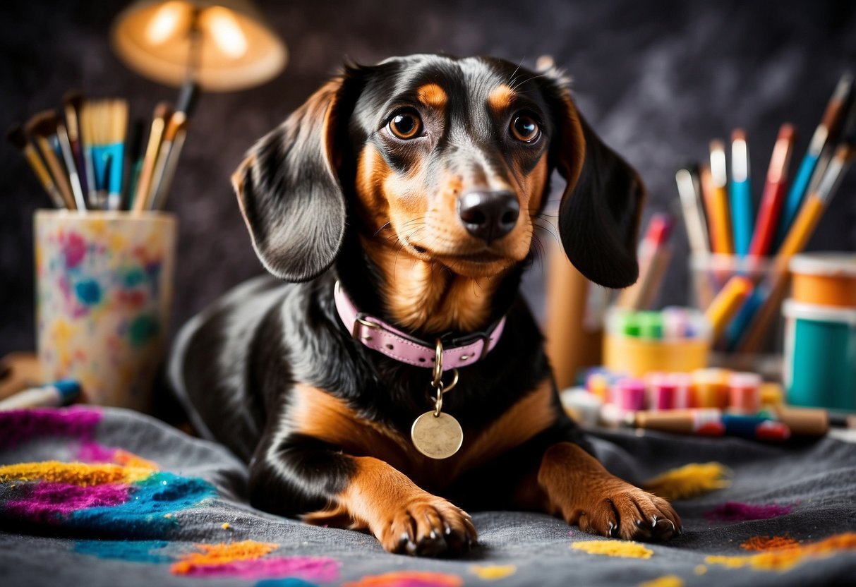 A dachshund sits on a cozy blanket, surrounded by art supplies. A sketch of the dog is in progress, with colorful paints and brushes nearby