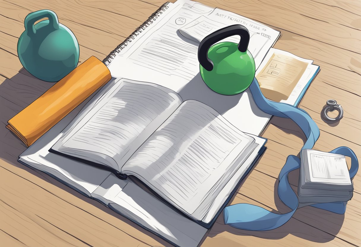 A kettlebell sits on a gym floor next to a water bottle and towel. A workout mat is spread out, with a book titled "Guide to Kettlebell Workouts" open to a page with exercise illustrations