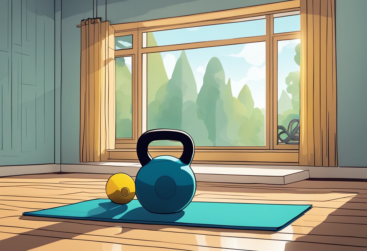 A kettlebell sits on a gym floor surrounded by resistance bands, a jump rope, and a yoga mat. The scene is illuminated by natural light streaming through a nearby window