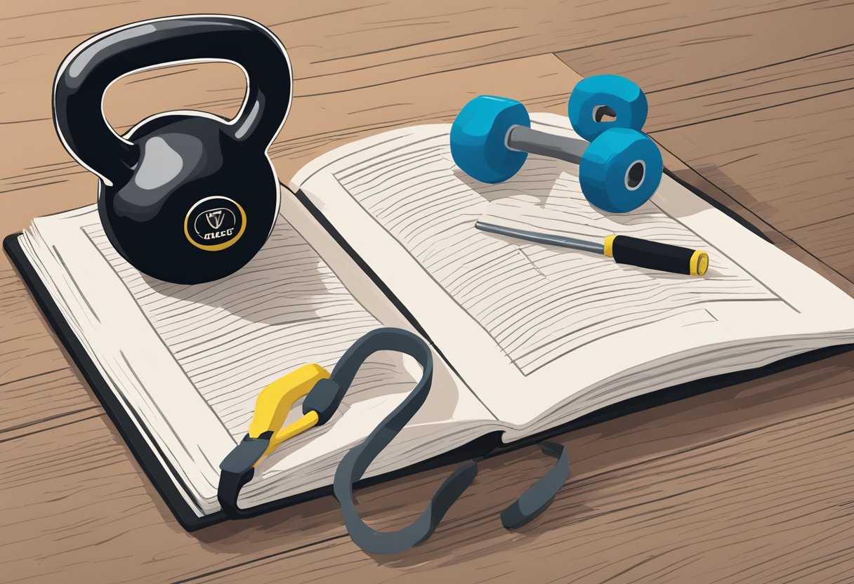 A kettlebell sits on a gym floor, surrounded by various weights and exercise equipment. A workout guide book is open nearby, with pages marked and notes scribbled in the margins