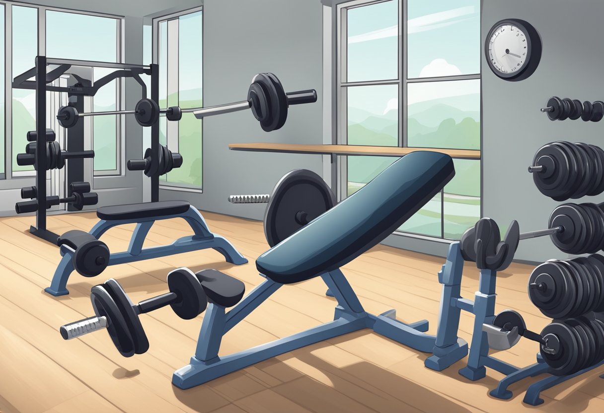 A weight bench with various dumbbells and barbells, surrounded by gym equipment and a protein shake on a nearby table