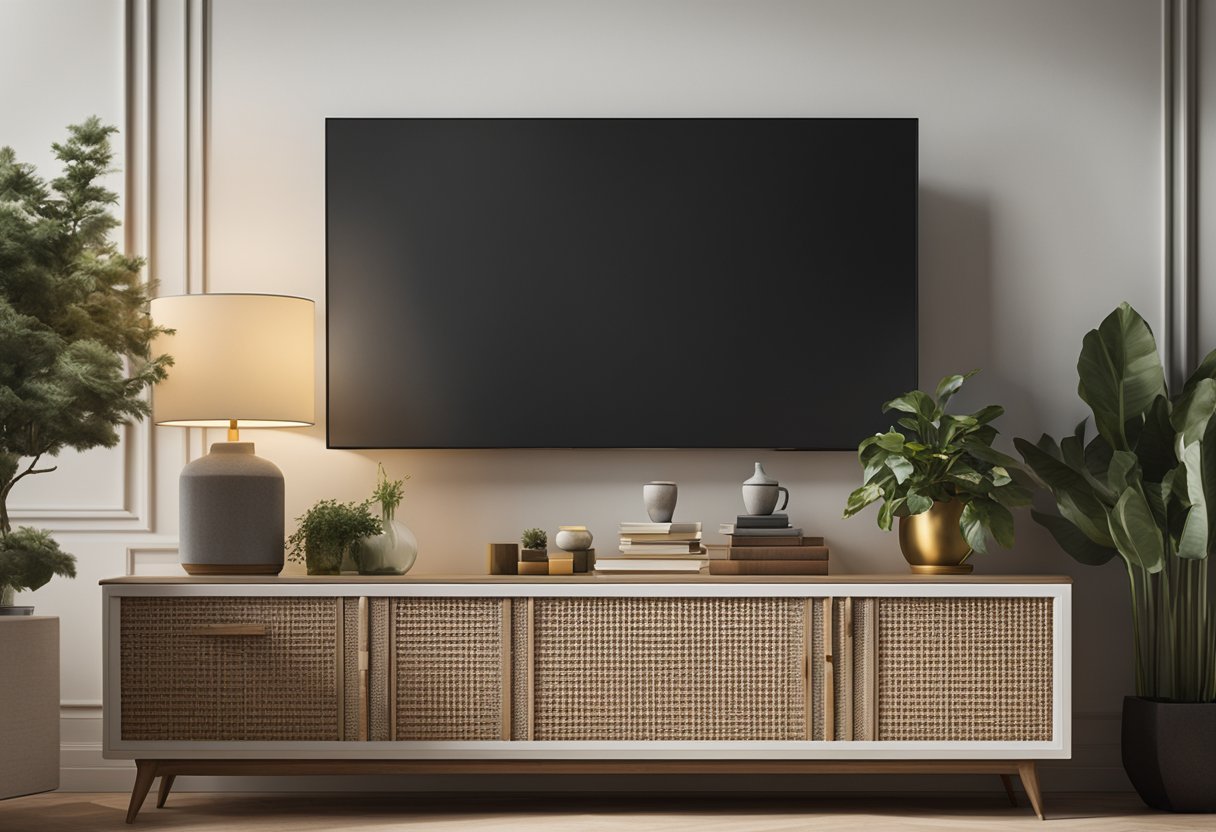 A TV sits on top of a stylish dresser, adorned with decorative items like vases, books, and a small plant