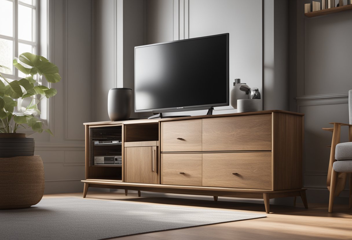 A dresser is being transformed into a TV stand. Tools and hardware are scattered around as the stand is being reinforced and upgraded