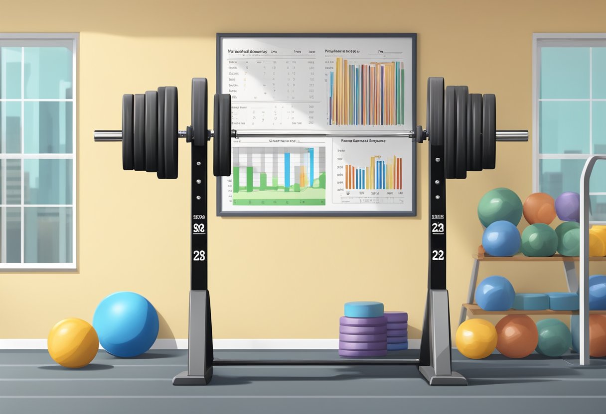 A weightlifting bar loaded with heavy plates, surrounded by gym equipment and a progress chart on the wall