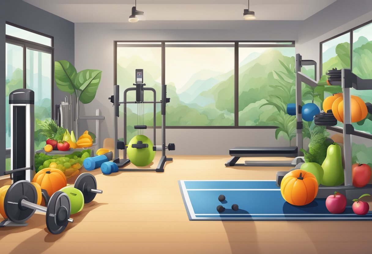 A gym with weightlifting equipment and exercise machines, surrounded by healthy lifestyle elements such as fruits, vegetables, and water bottles