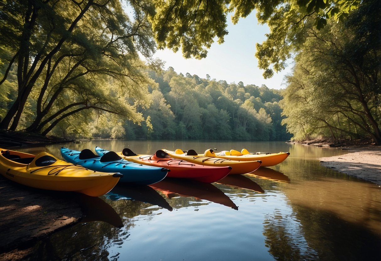 Kayaks lined up on the riverbank, surrounded by lush greenery and wildlife. Sunlight glistens on the calm water, with a clear blue sky overhead