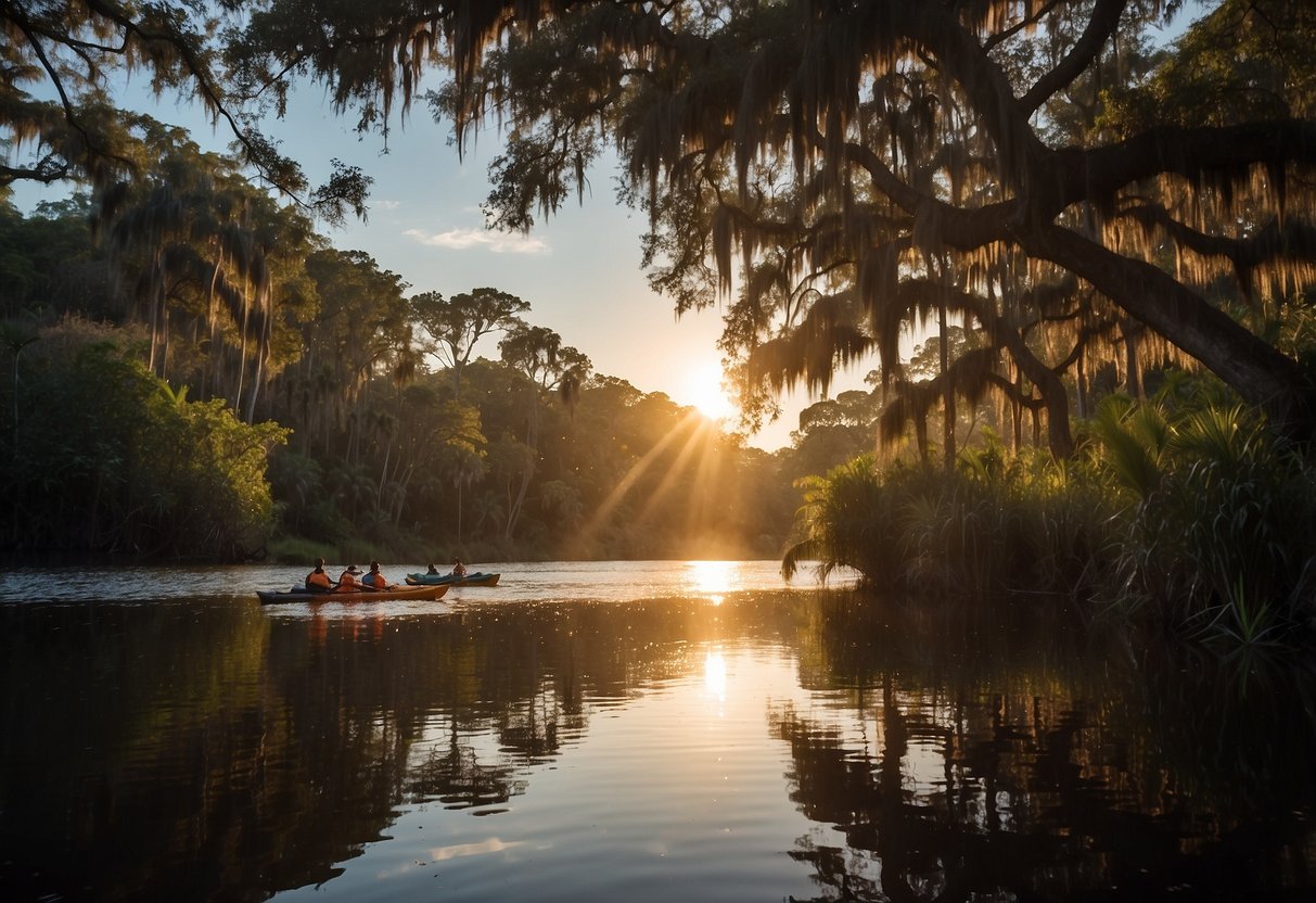 Kayaks glide on Myakka River, surrounded by lush greenery and wildlife. The sun sets over the water, casting a warm glow on the scene