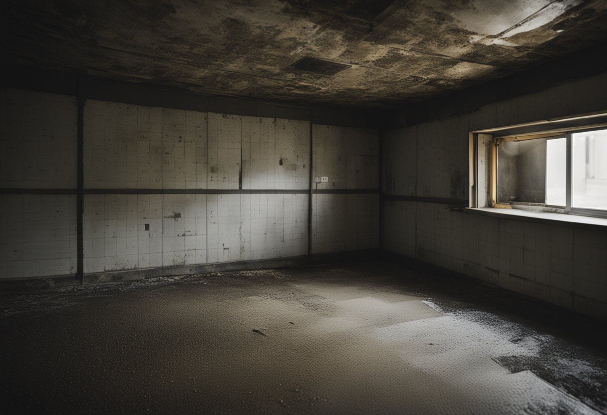 A damp, poorly ventilated basement with peeling wallpaper and musty odor. Dark spots on walls, ceiling, and furniture. Visible mold growth on damp surfaces