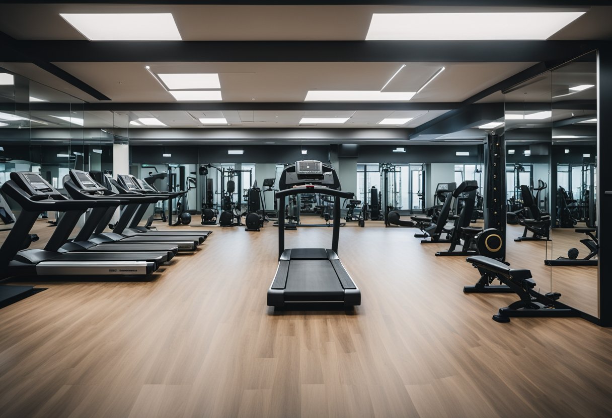 A gym with various exercise equipment arranged neatly in a spacious, well-lit room. Mirrors line the walls, and motivational posters hang above the machines