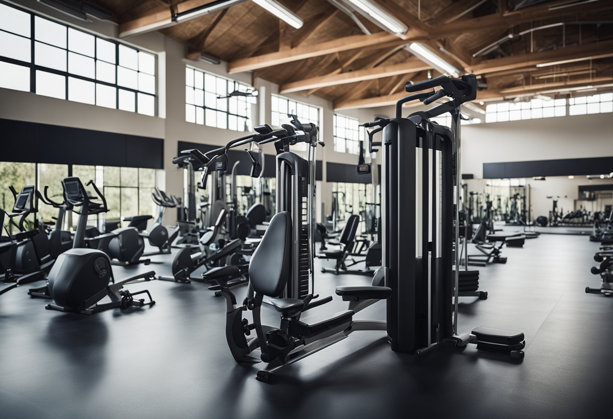 A diverse group of fitness equipment arranged in a spacious gym setting, with various stations for strength, cardio, and flexibility training