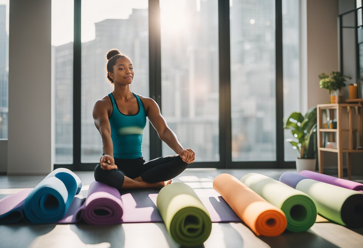 A person stretching on a yoga mat, surrounded by colorful resistance bands and foam rollers. An open window lets in natural light, creating a peaceful atmosphere