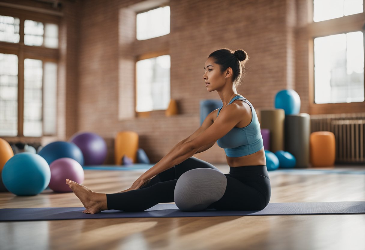 A person stretching in a yoga studio, surrounded by props like blocks and straps. The instructor is guiding them through various poses to increase flexibility