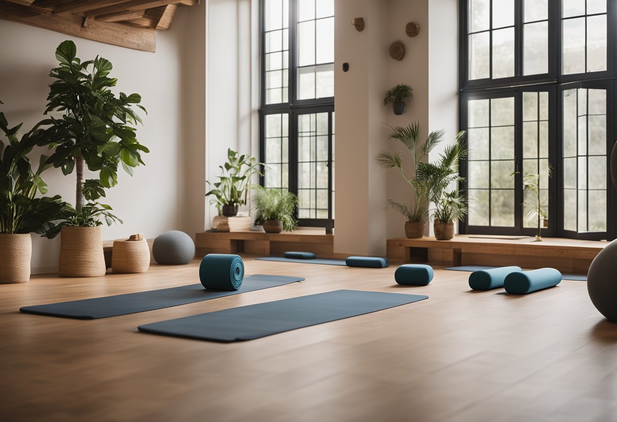 A serene yoga studio with a sturdy, wooden floor and large windows letting in soft, natural light. Various yoga props such as blocks, straps, and bolsters are neatly arranged in a corner