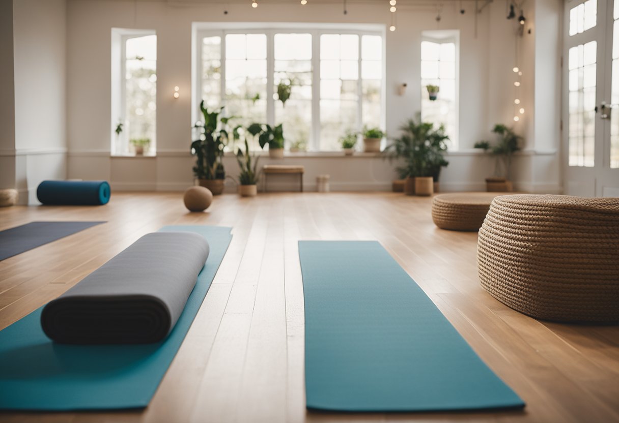 A serene yoga studio with props and mats arranged for a strength-building practice. Natural light floods the space, creating a peaceful and focused atmosphere for long-term advancement