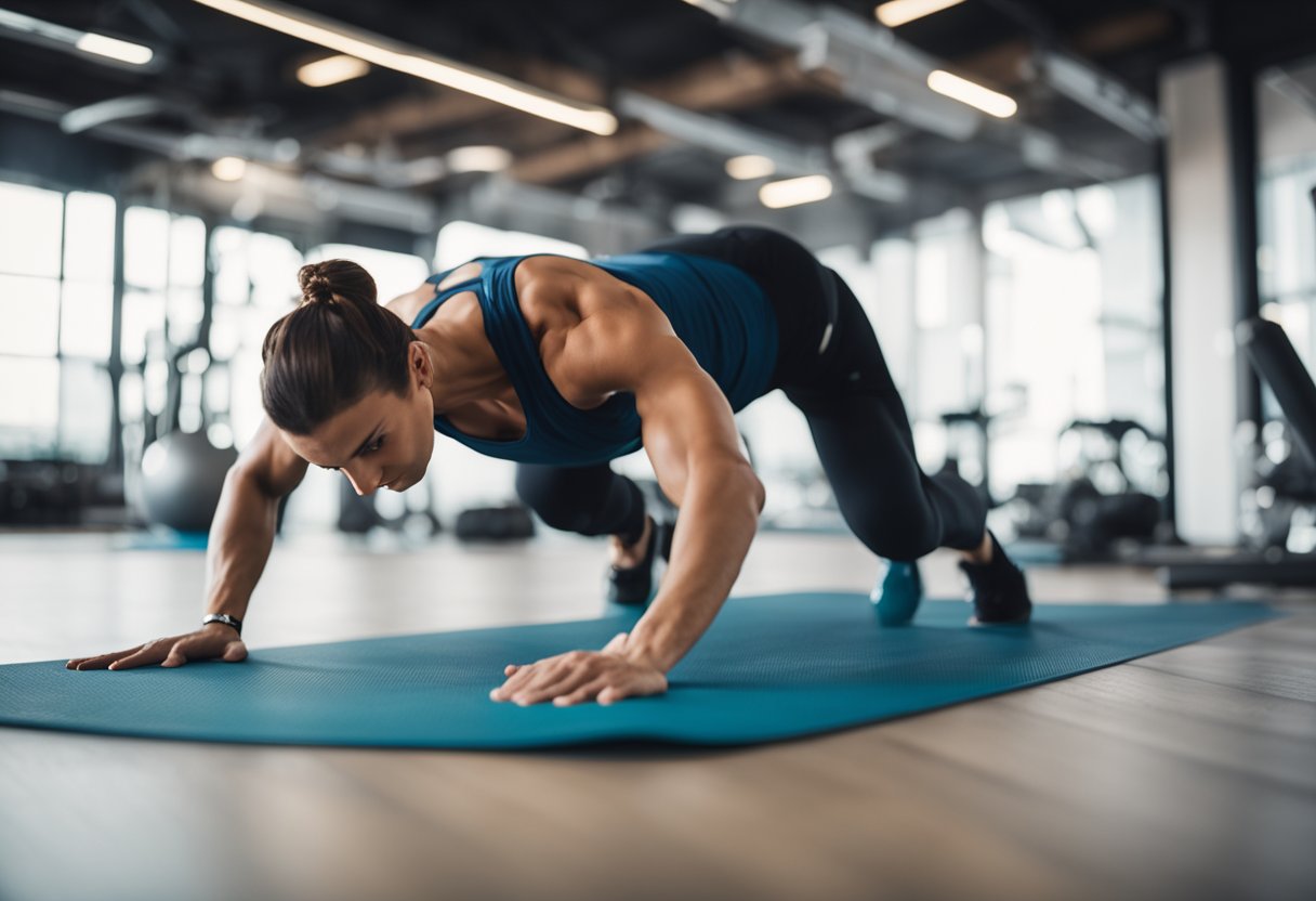 A figure performing plank exercise on a yoga mat, with engaged abdominal muscles and a straight back, surrounded by fitness equipment