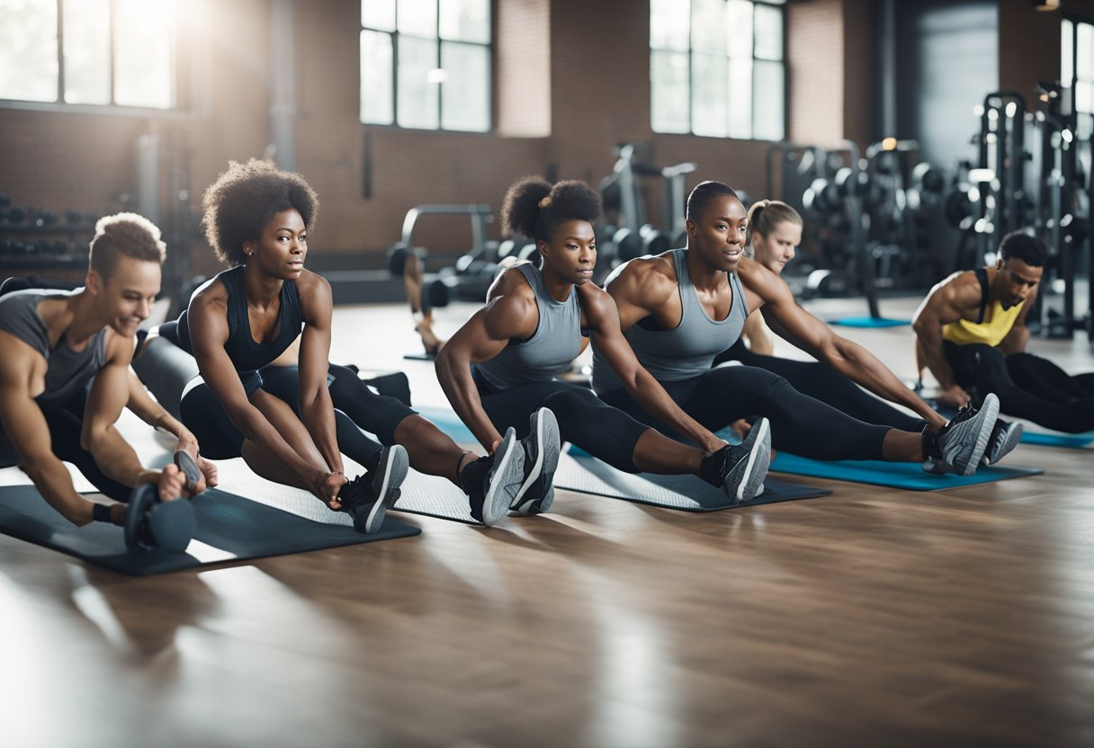 A diverse group of people performing core exercises, including planks, crunches, and leg raises, in a gym setting with various equipment and fitness props