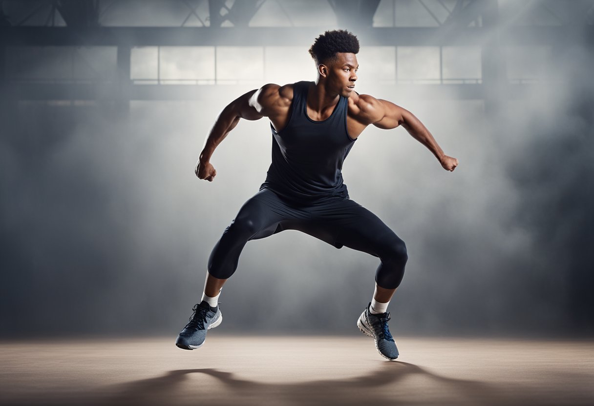 A person performing a plyometric exercise with proper form and safety precautions. Landing softly and explosively jumping. Clear space and appropriate footwear