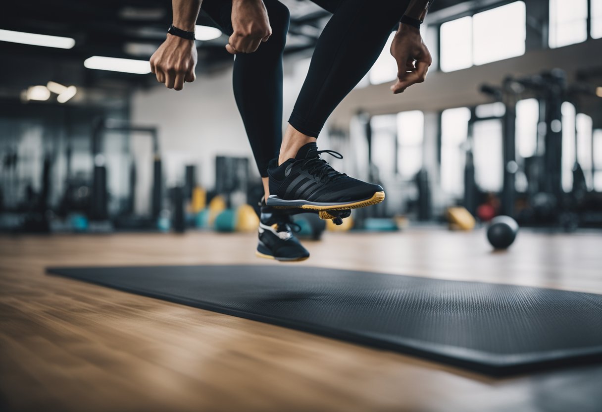 A person is performing plyometric exercises on a rubberized gym floor, surrounded by various equipment such as boxes, cones, and resistance bands