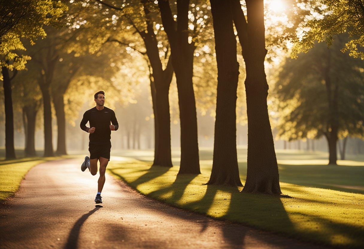 A runner is jogging through a park, passing by trees and a winding path. The sun is rising in the distance, casting a warm glow over the scene