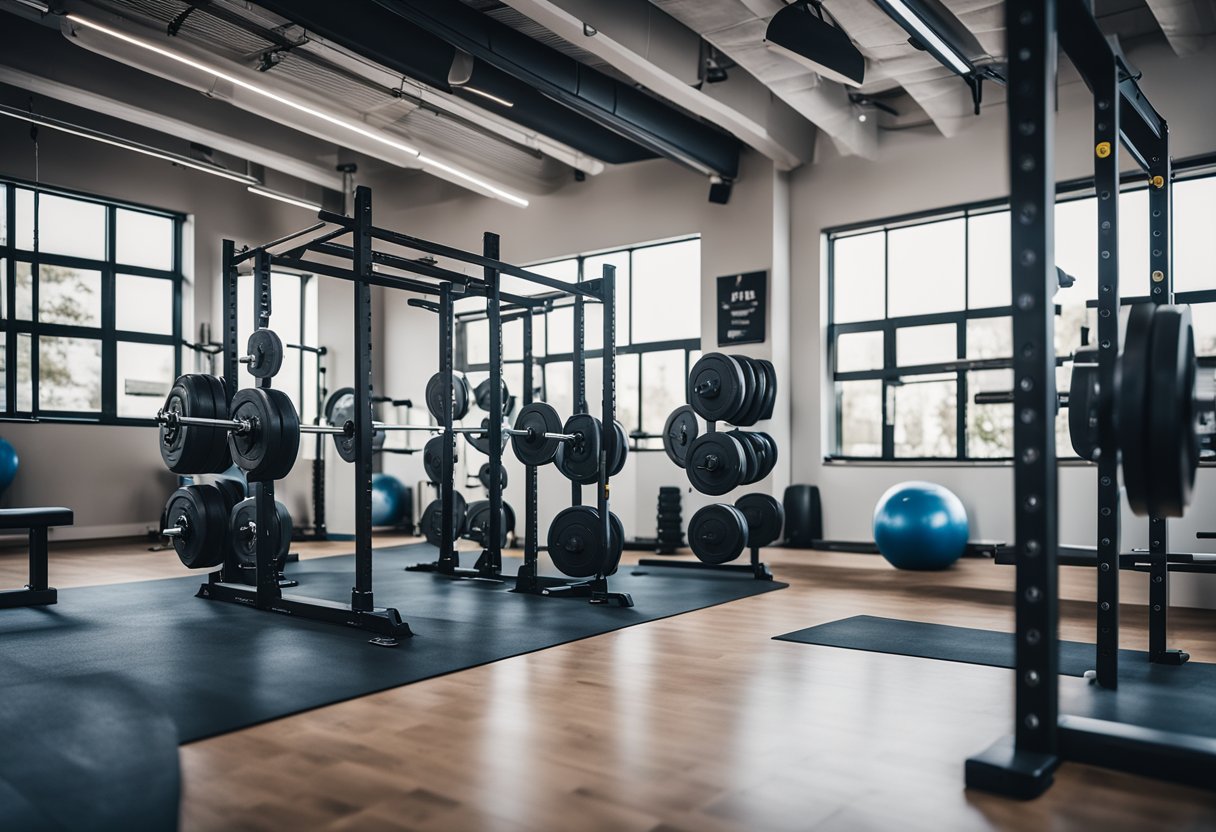 A gym with various CrossFit equipment, such as barbells, kettlebells, and pull-up bars, surrounded by motivational posters and a whiteboard with workout instructions