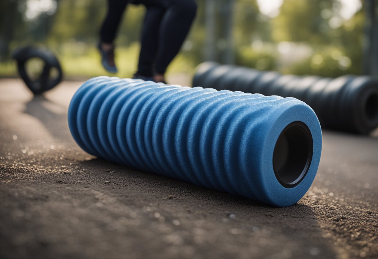 A foam roller is placed on the ground. A person's leg is rolled over it, demonstrating muscle massage