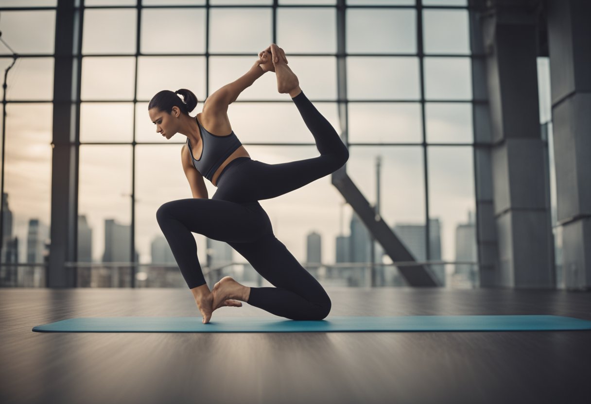 A figure demonstrating advanced stretching techniques with a focus on flexibility