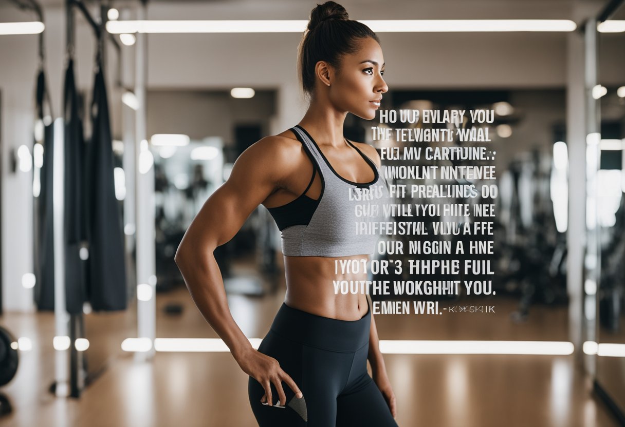 A person standing in front of a mirror, wearing workout clothes, with motivational quotes and images on the wall behind them