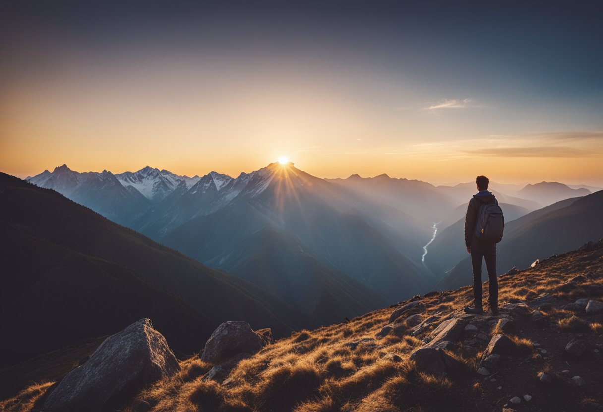 A person standing at the base of a mountain, looking up at the peak with determination. The sun is rising in the background, casting a warm glow over the scene