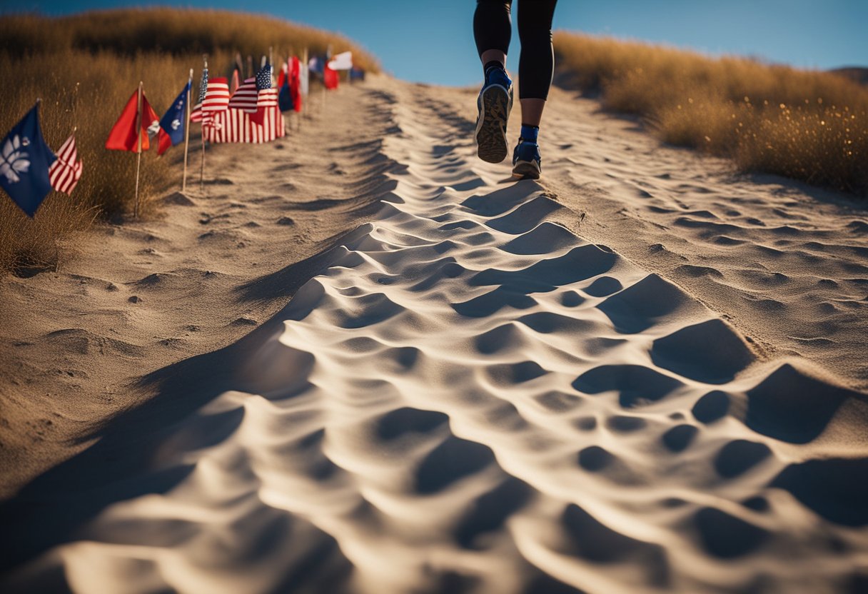 A trail of footprints leading towards a mountain peak, with a series of flags marking milestones along the way. Sunlight illuminates the path, symbolizing progress and achievement in a fitness journey