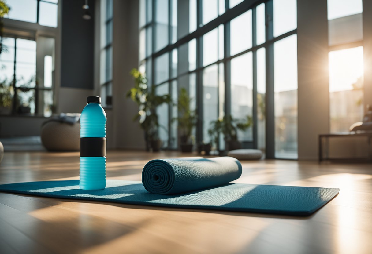 A bright, spacious room with exercise equipment and yoga mats. Sunlight streams in through large windows, casting a warm glow. A water bottle and towel sit nearby