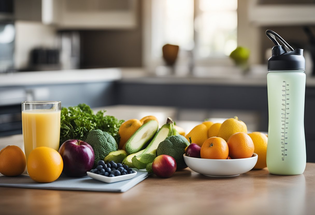 A brightly lit kitchen counter displaying fresh fruits, vegetables, and protein sources. A water bottle and a workout recovery shake sit next to a notebook with workout and nutrition plans