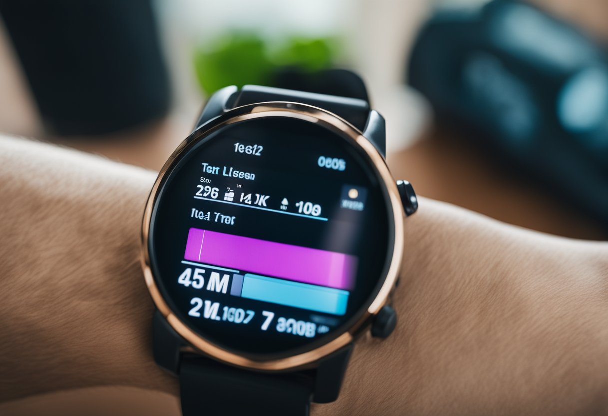 A fitness tracker on a wrist, displaying progress data on a smartphone. A workout plan and water bottle nearby