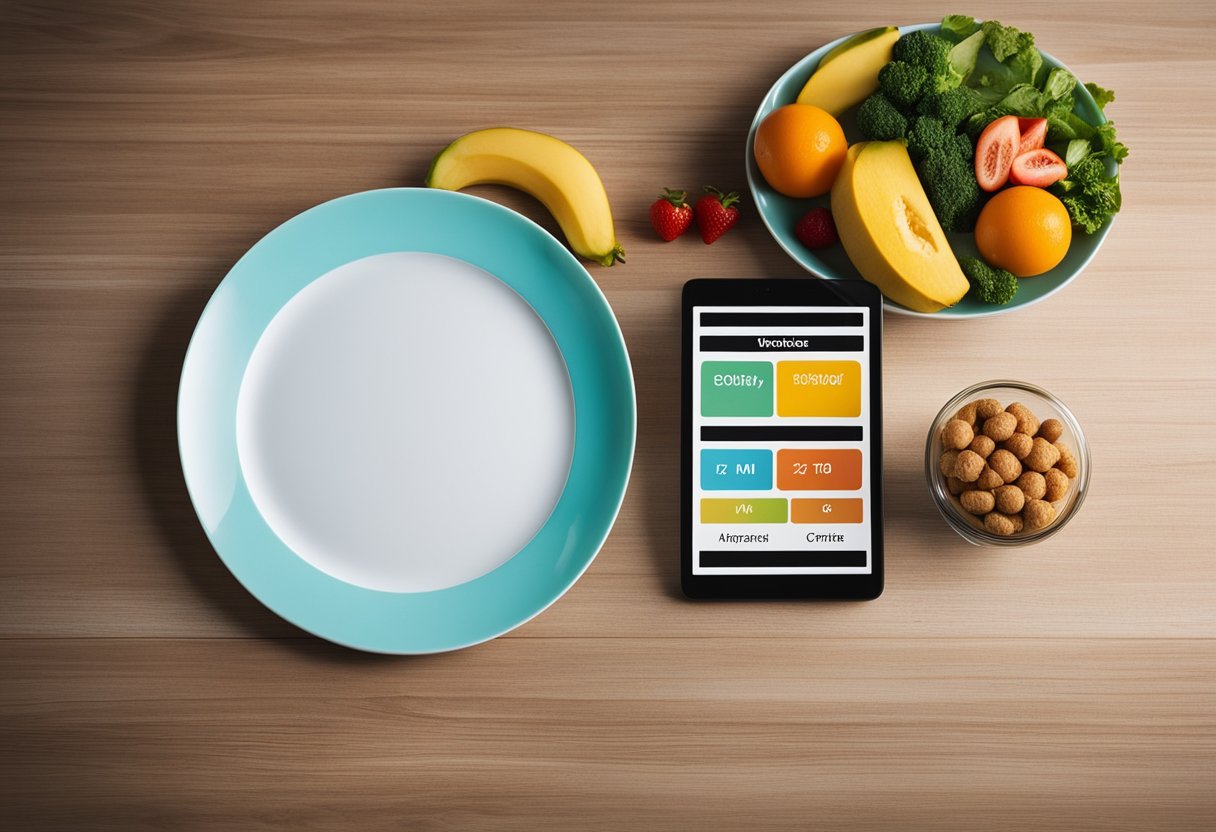 A colorful plate with balanced food groups, a fitness tracker, and a chart showing progress over time