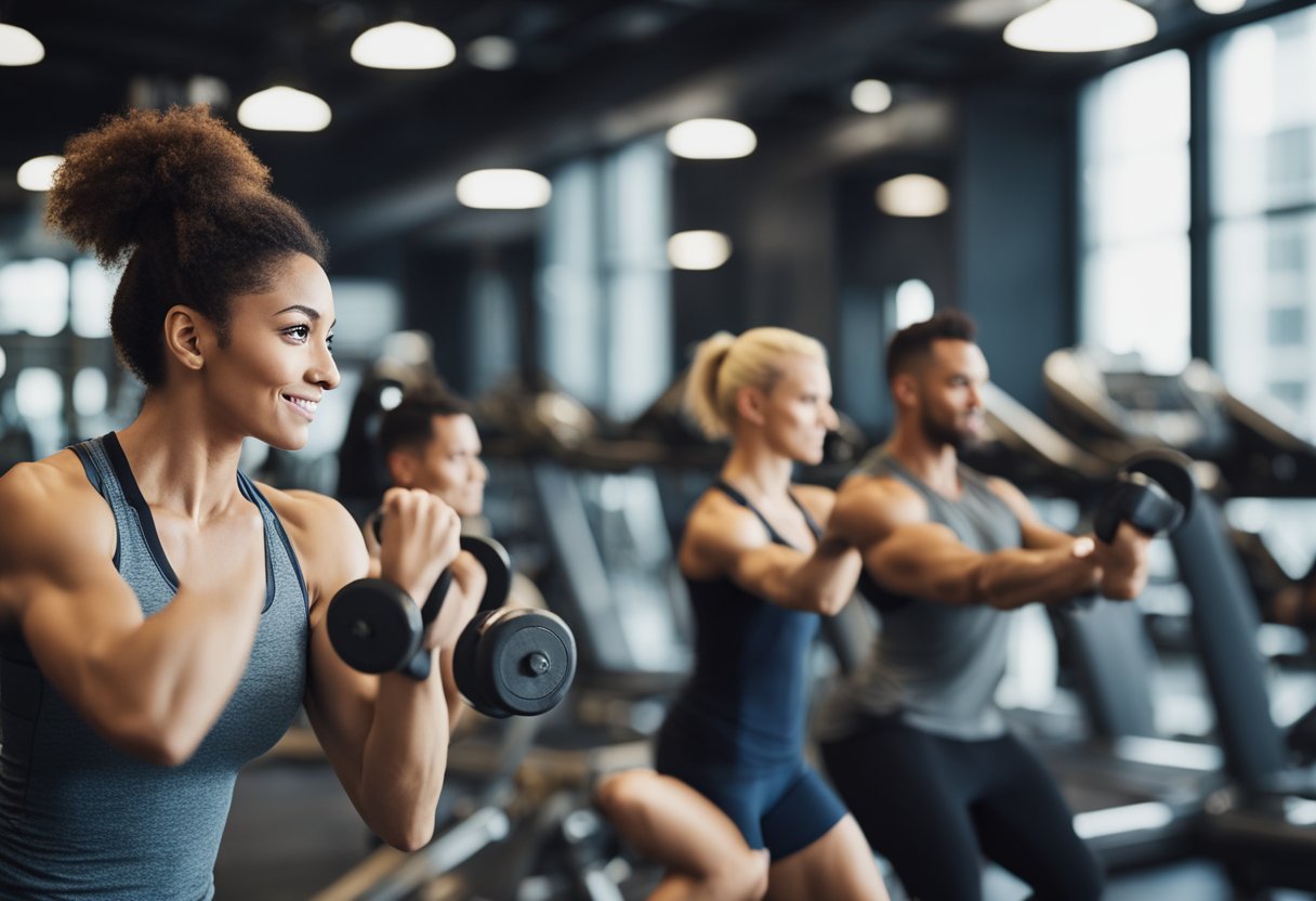 People are working out in a gym, using various exercise equipment. There are weight machines, treadmills, and free weights. The atmosphere is energetic and focused