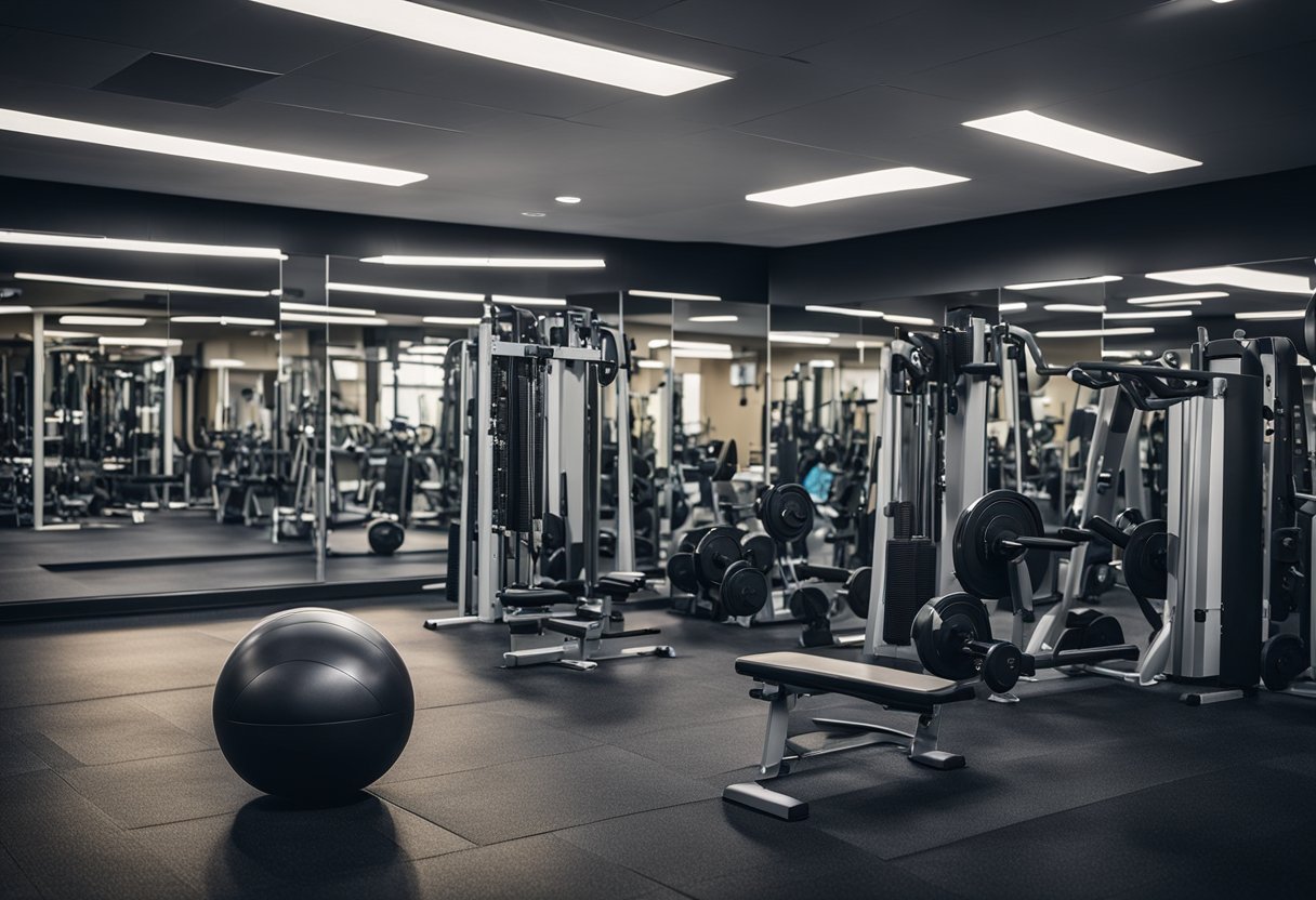 A circuit training gym with various equipment and stations, including weights, resistance bands, and cardio machines. Motivational posters and mirrors line the walls