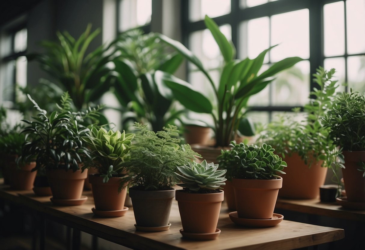 Lush green houseplants fill the room with a sweet, earthy aroma. The air is filled with the scent of fresh foliage, creating a peaceful and inviting atmosphere