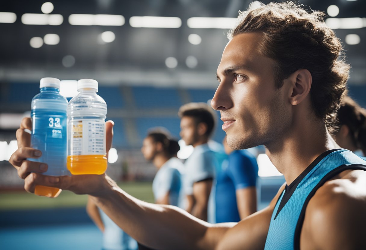 Athletes drinking water from labeled bottles, with electrolyte drinks nearby, and a chart showing recommended fluid intake based on activity level