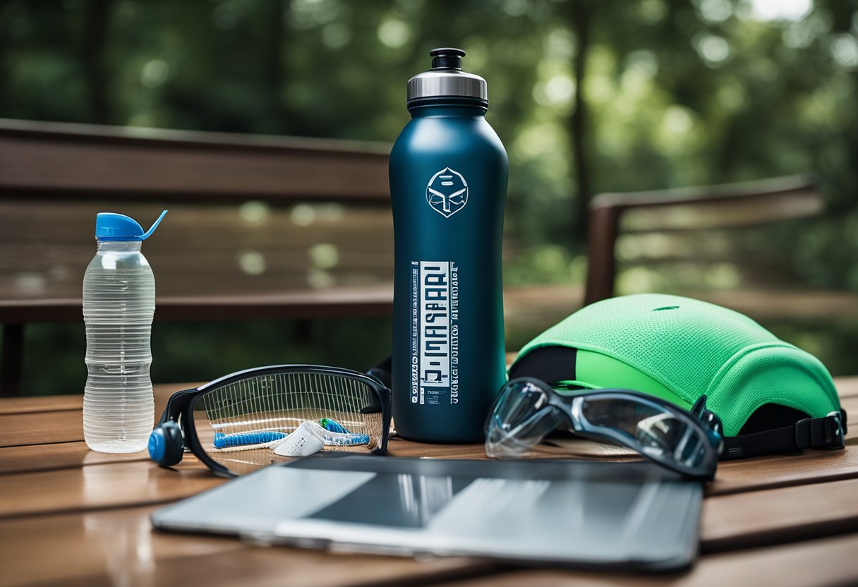 A sports drink bottle sits next to a water bottle on a bench, surrounded by athletic gear. A hydration chart is displayed nearby, emphasizing the importance of proper hydration for athletes