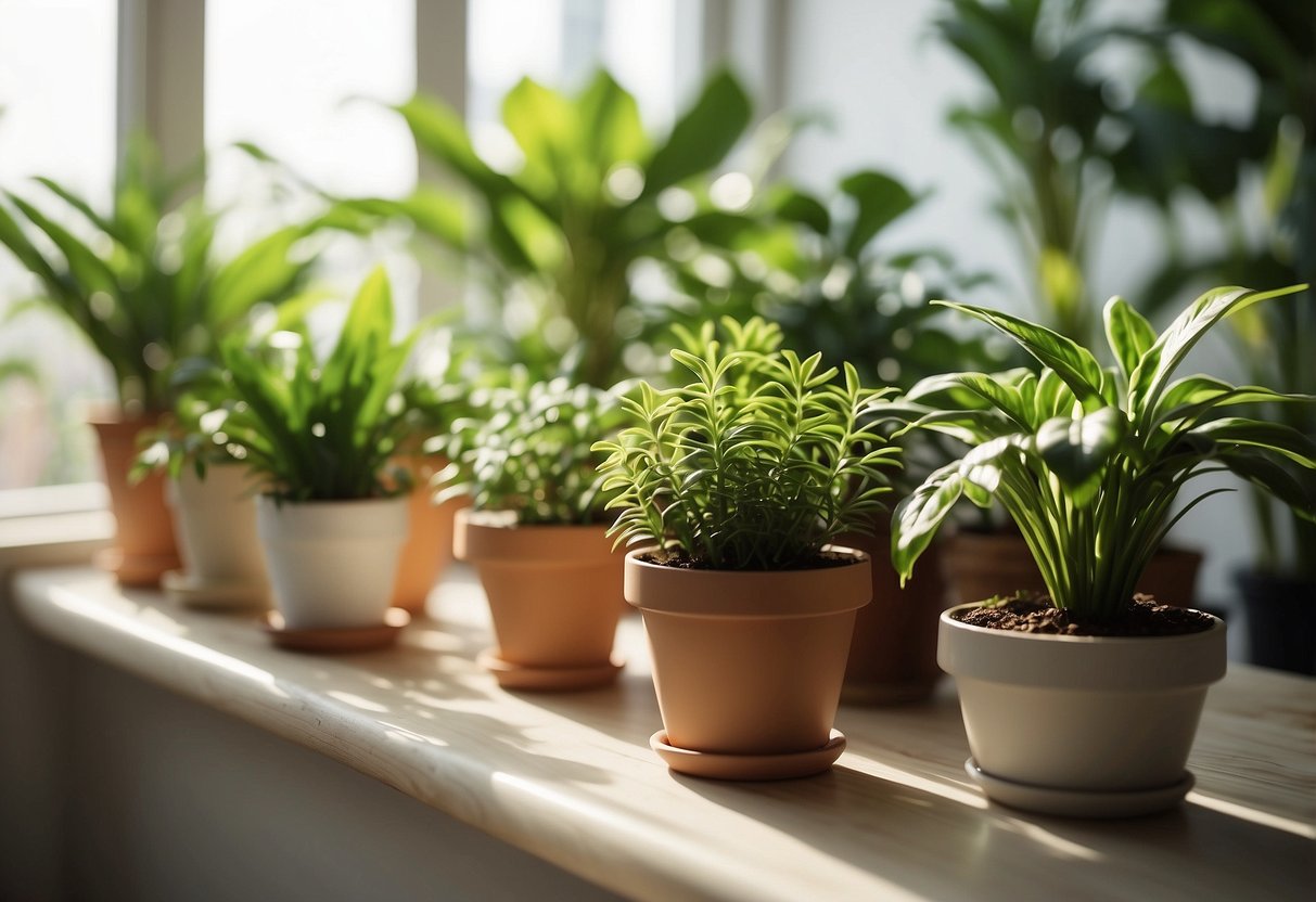 Lush green houseplants fill a bright, sunlit room, emanating a delightful aroma. A variety of aromatic indoor plants are strategically placed, adding a natural and refreshing ambiance to the space