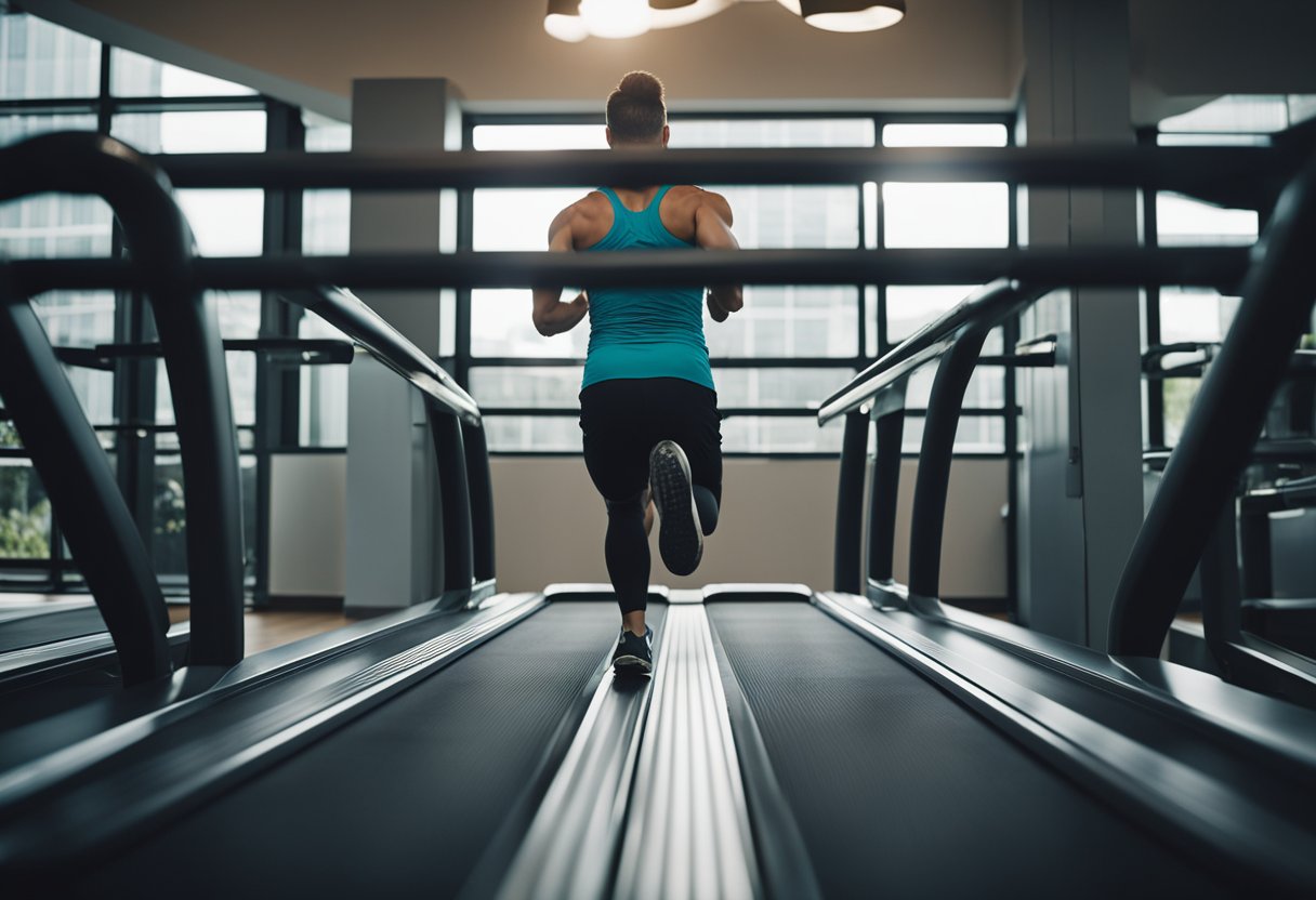 A person sets the treadmill speed and incline, then begins walking or running while holding onto the handrails for stability